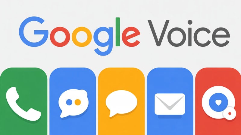 Google Voice logo with icons for call, messages, email, and voicemail services, emphasizing communication, digital calling, and modern voice messaging solutions for businesses and individuals.