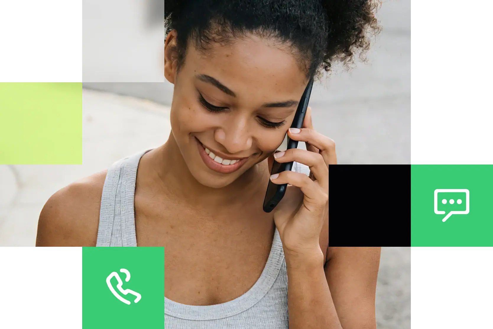 Young woman talking on phone with a smile, representing communication and customer service, highlighting the benefits of TrueNumber virtual phone solutions for personalized business calls.