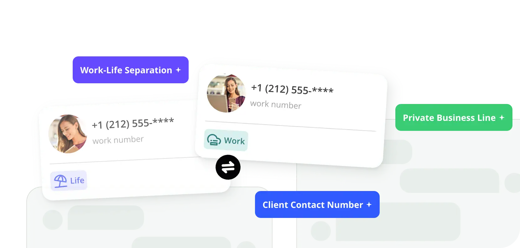 An innovative phone number management tool for businesses, featuring work-life separation, private business line, and client contact number options to enhance communication efficiency and security.