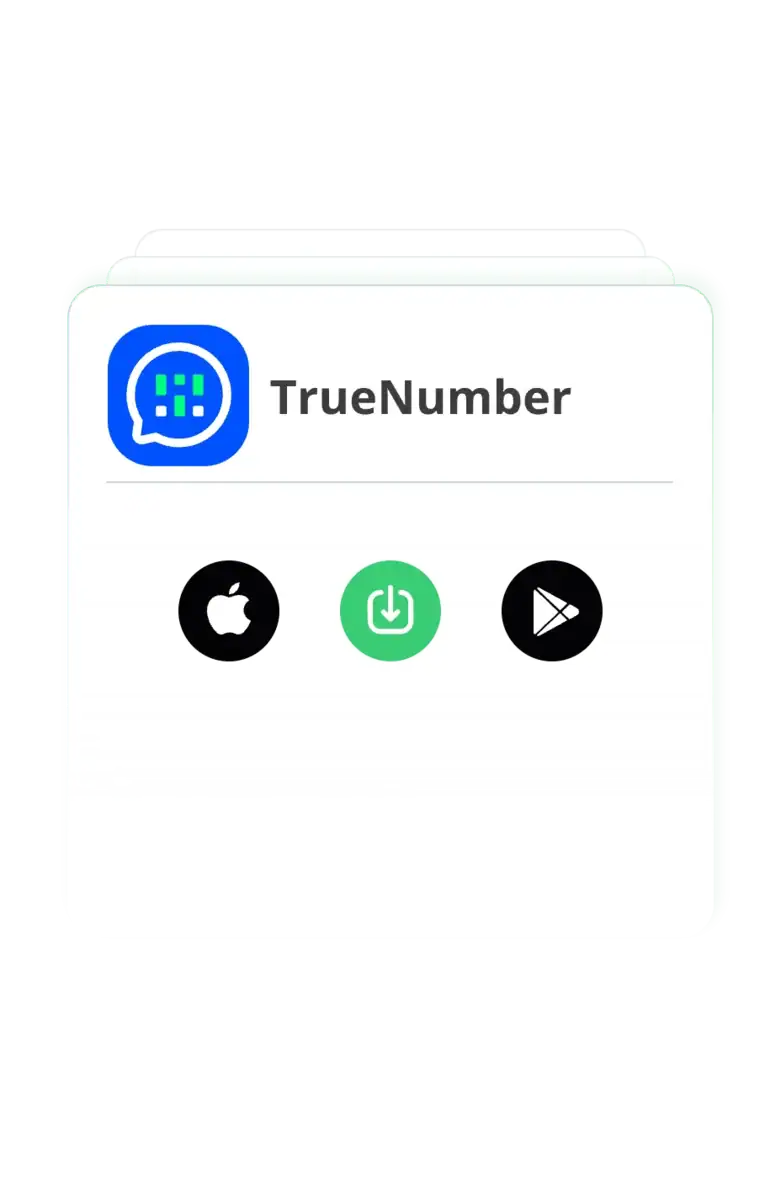 A screenshot of TrueNumber app icon and download options for iOS and Android, highlighting secure phone number validation and digital identity services.