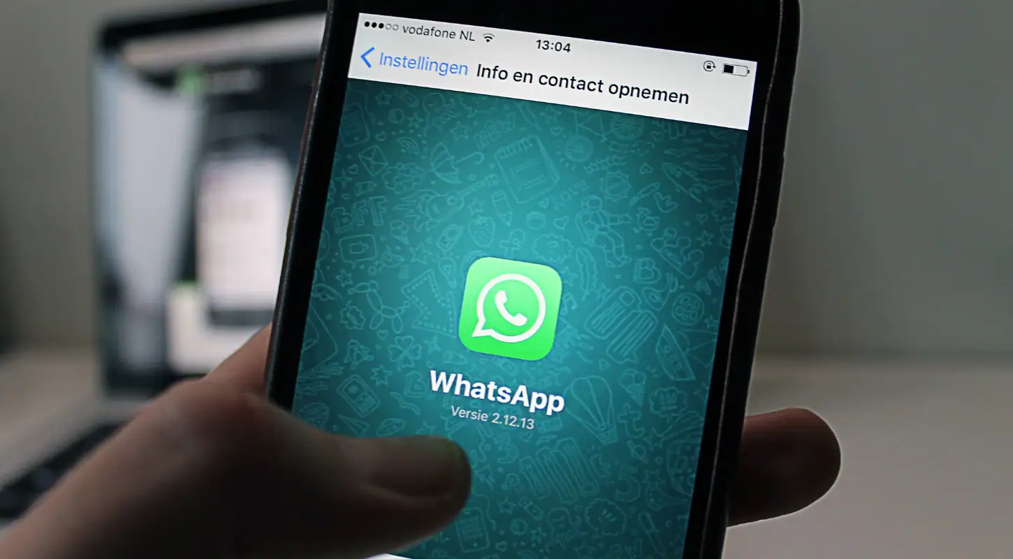 Close-up of a smartphone displaying the WhatsApp contact info screen, showing the app's logo and version number.