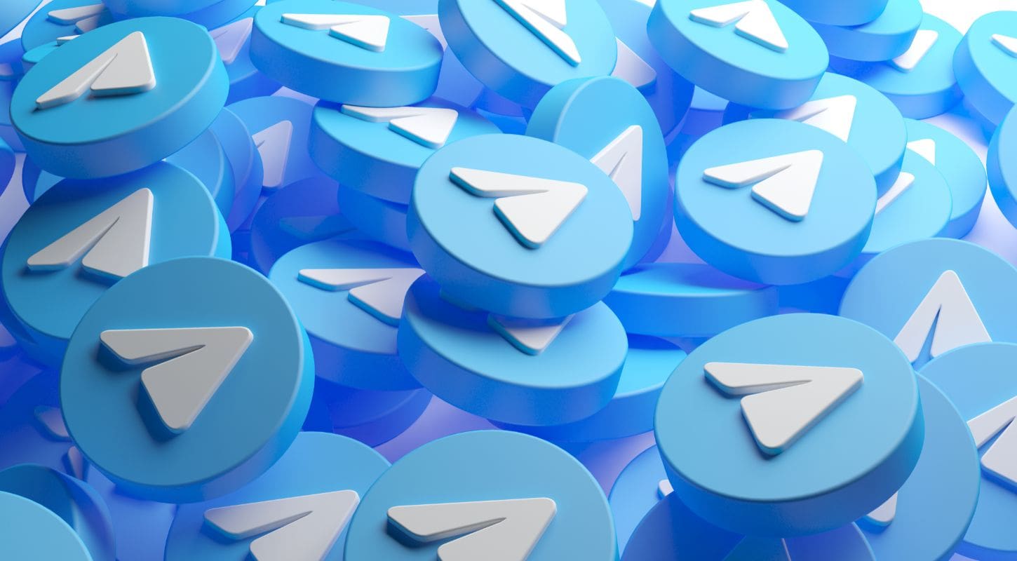 A digital illustration of numerous blue Telegram icons with white paper plane symbols, representing virtual numbers and messaging apps.