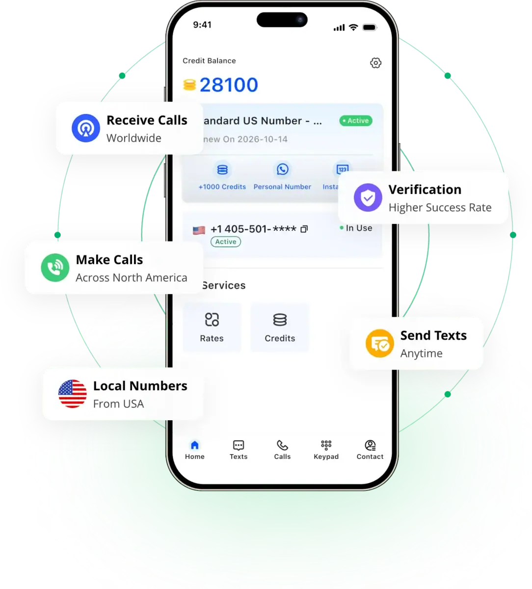 Virtual phone number app interface showcasing call, text, and verification features for seamless business communication.
