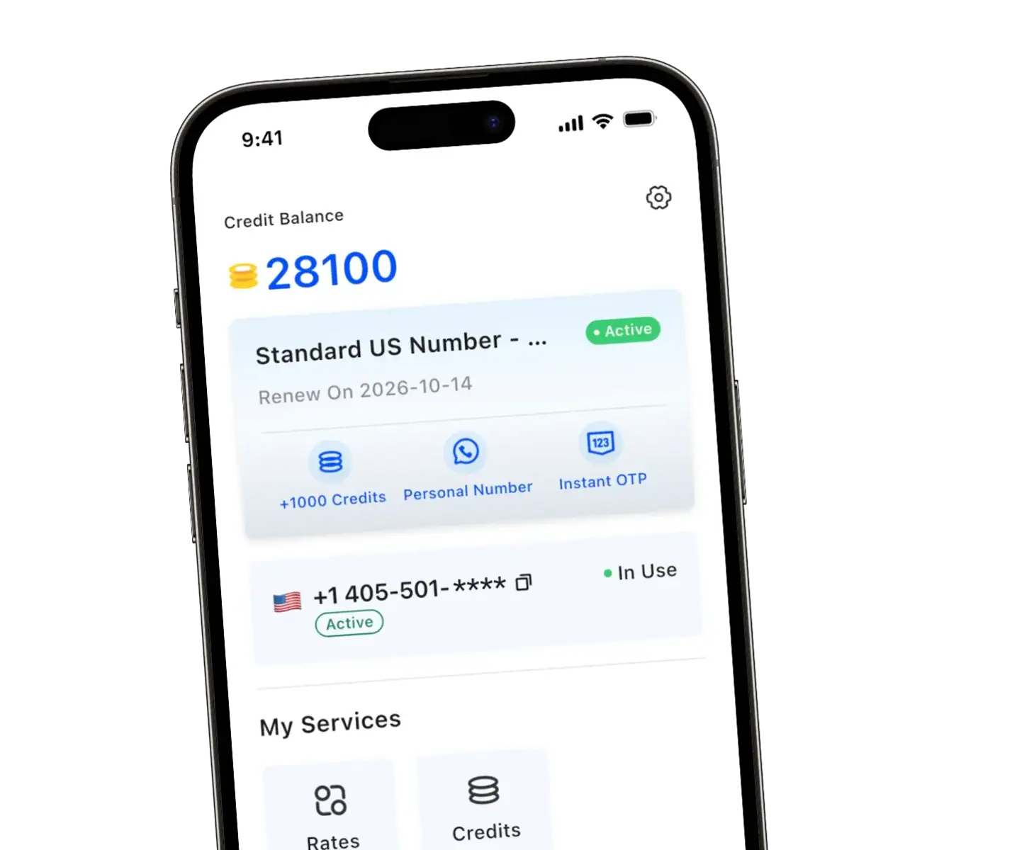 Mobile app screen displaying US phone number management, credits, and account status for 2Number services.