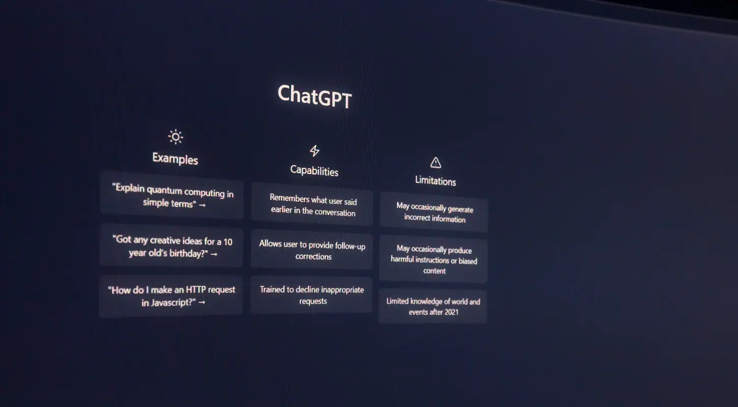 Screenshot of ChatGPT features including examples, capabilities, and limitations, highlighting AI functionalities and restrictions.