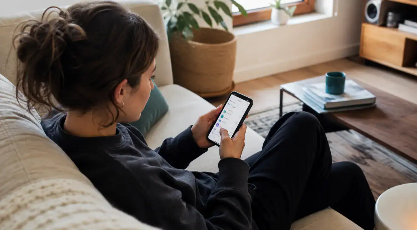 Woman sitting on sofa using smartphone, protecting her phone number online, in a cozy living room setting.
