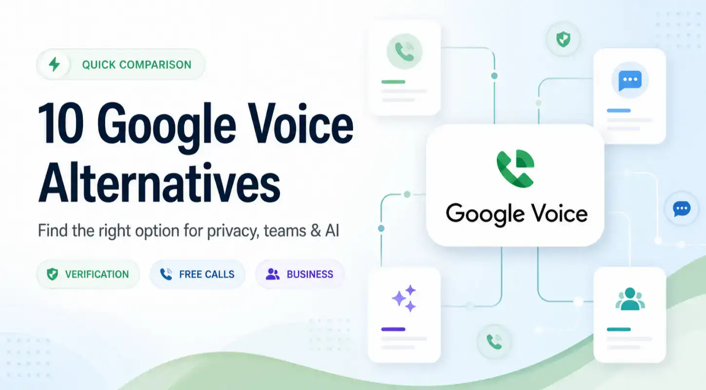 Illustration of various communication apps and icons representing Google Voice alternatives for privacy, teams, and AI.