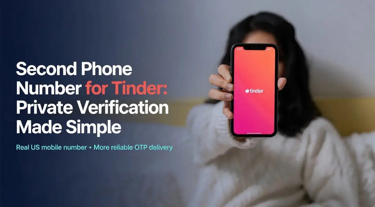 Woman holding a smartphone displaying Tinder app, promoting second phone number for private verification.