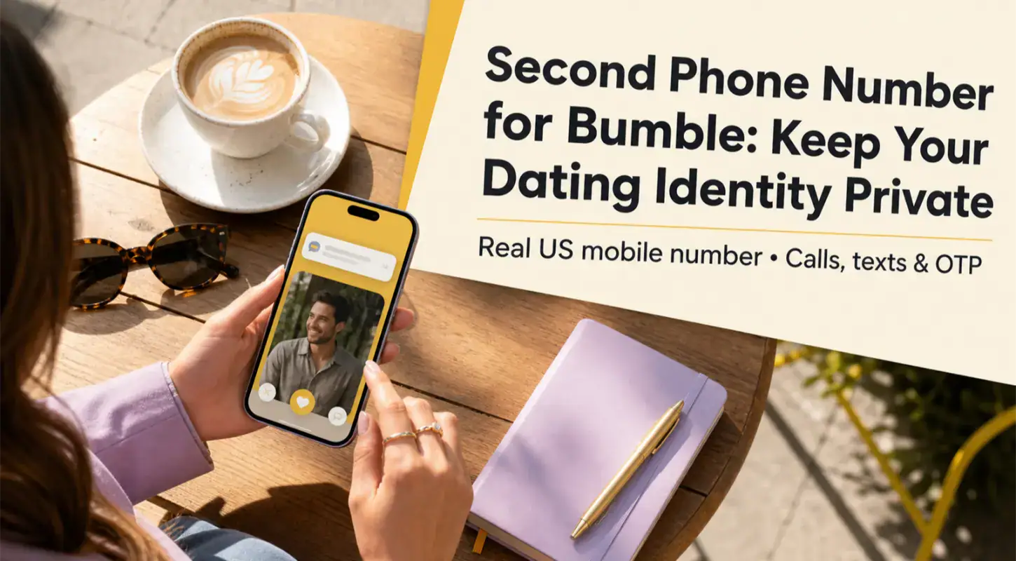 Person holding a smartphone with a profile picture, next to a sign about maintaining dating privacy with a second phone number for Bumble.
