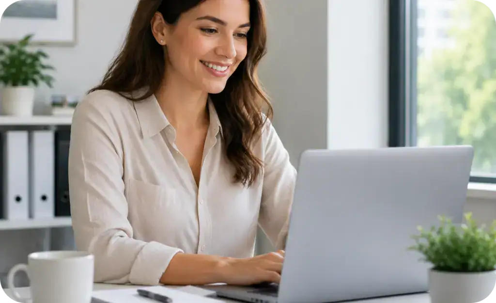 Smiling woman working on a laptop in a bright, modern office environment with natural light and greenery outside the window.