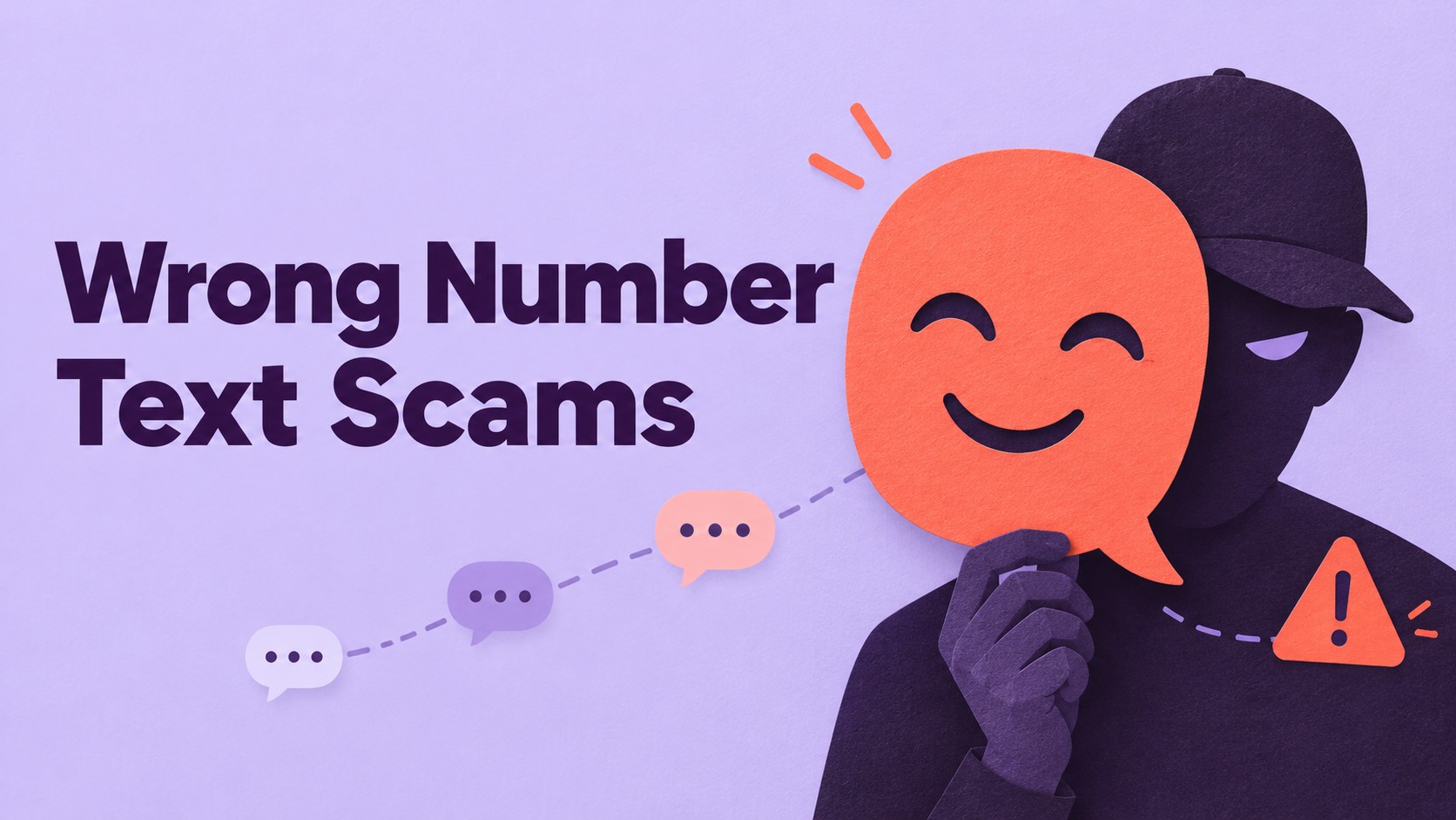 Illustration d'une personne portant un masque et une bulle de dialogue avec un visage souriant, soulignant l'importance de reconnaître les arnaques par SMS au mauvais numéro.