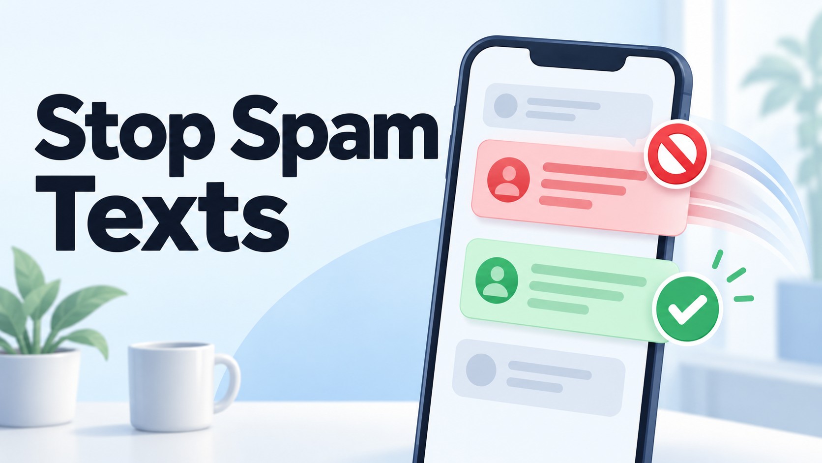 Smartphone displaying spam message blocked with a check mark, illustrating how to stop spam texts without missing important messages.