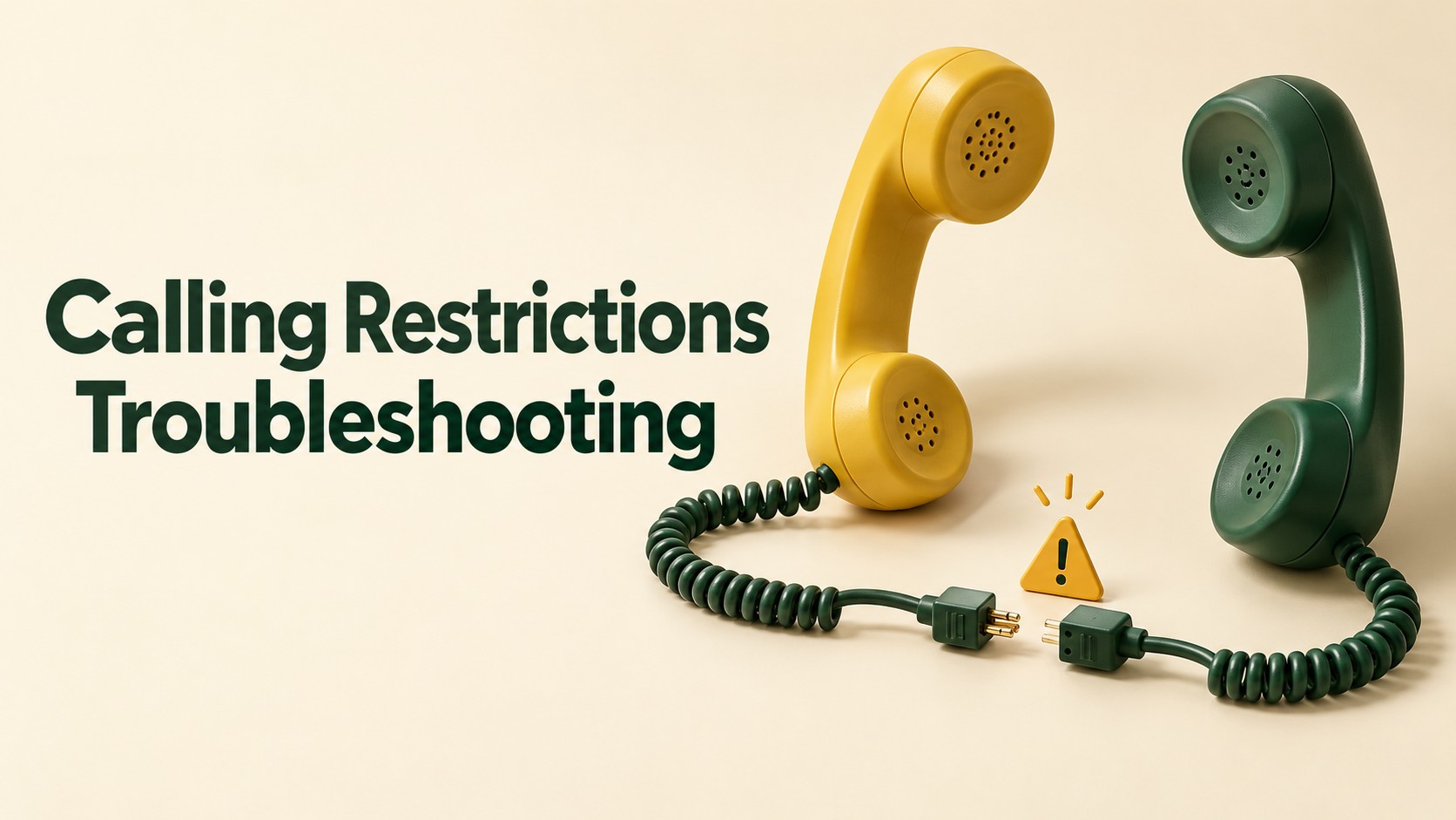 Two vintage telephone handsets, one yellow and one green, connected by a coiled cord with a warning icon between them, illustrating call connection issues.